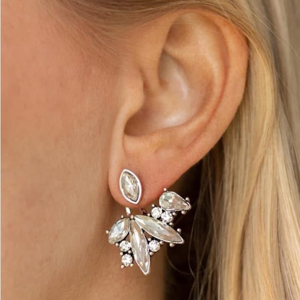 Silver and crystal rhinestone ear jacket earrings